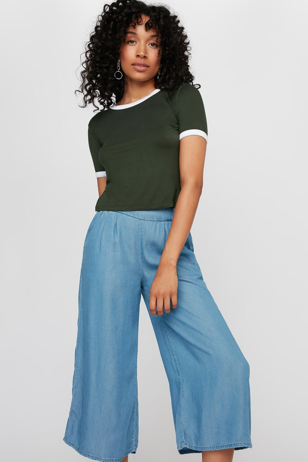 Women Lightweight Coloured Ringer T-Shirt Green