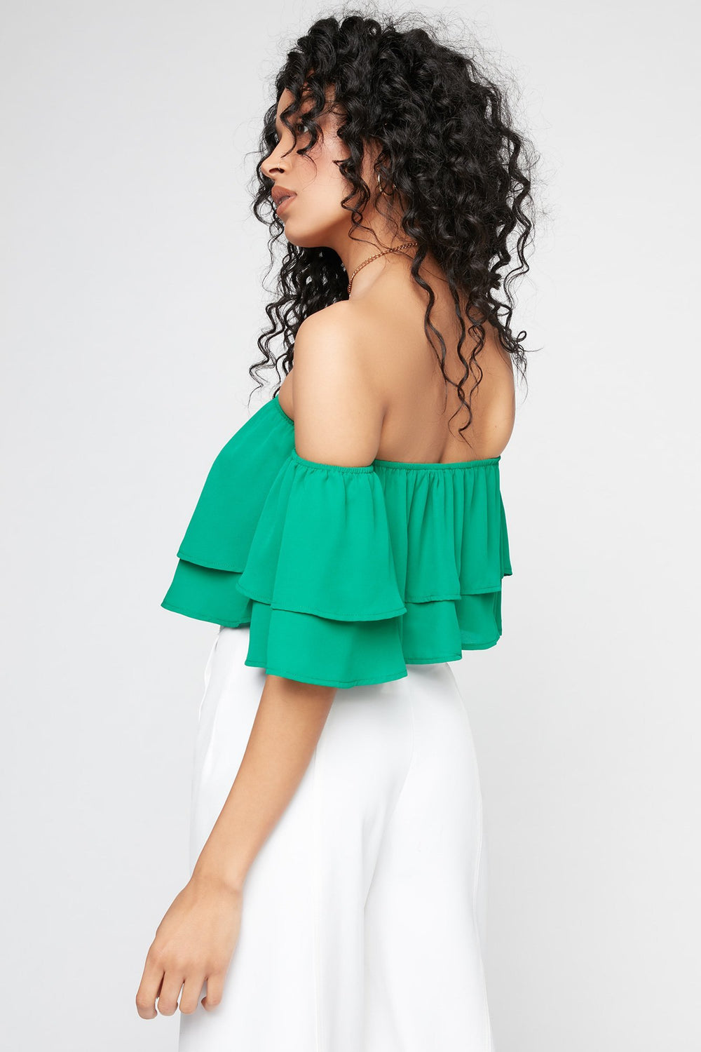 Women Off The Shoulder Ruffle Bell Sleeve Cropped Blouse Green