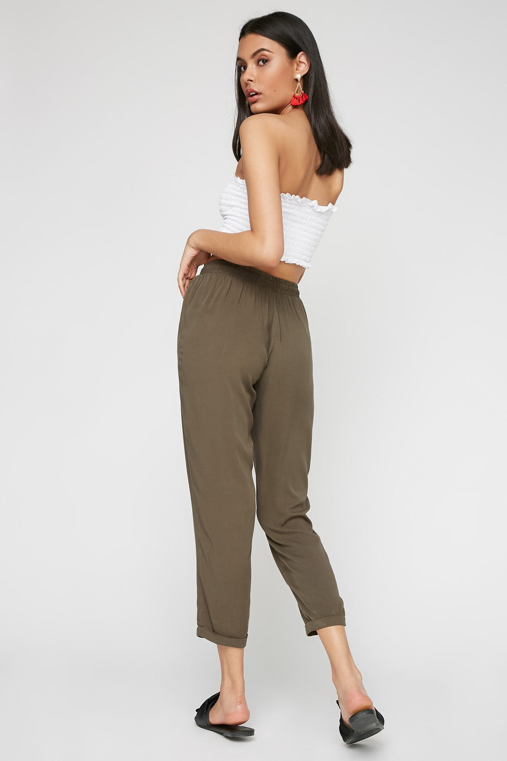 Women Rolled Cuff Drawstring Jogger Green