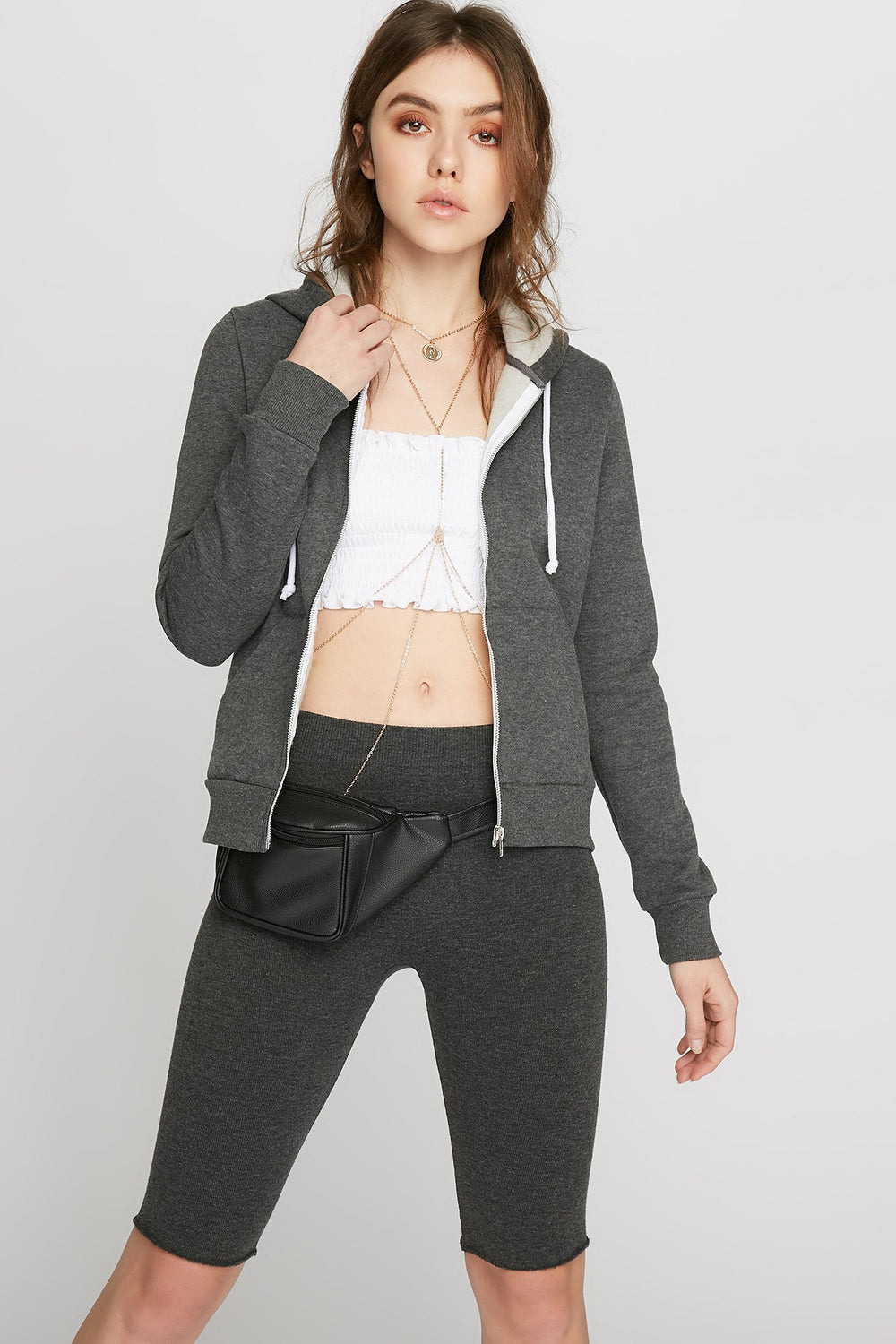 Women Haut de base à capuchon avec taille coulissante et fermeture à glissière Gris Noir