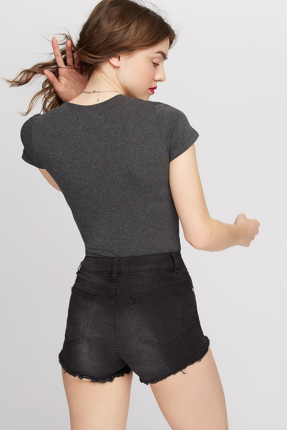 Women T-shirt basique à encolure en V Gris Noir