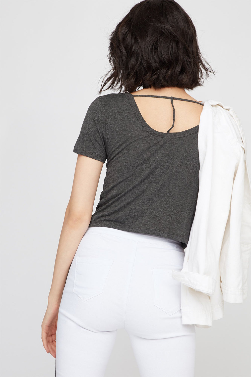 Women T-shirt court à encolure arrondie et dos en T Gris Noir