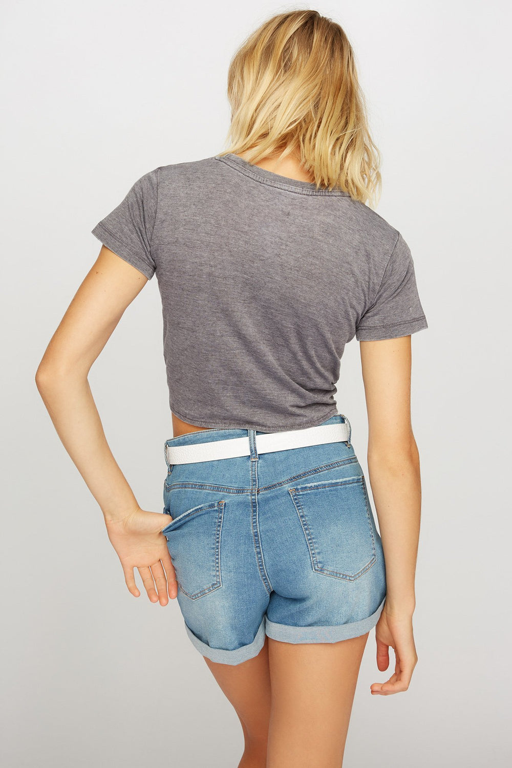 Women T-shirt court de base noué devant Gris Noir