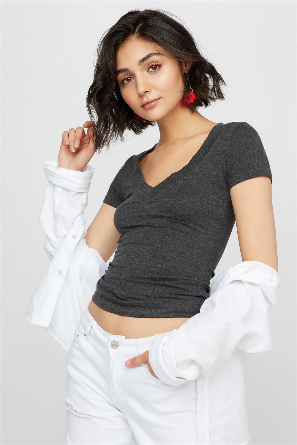 Women T-shirt de bas à encolure en V Gris Noir