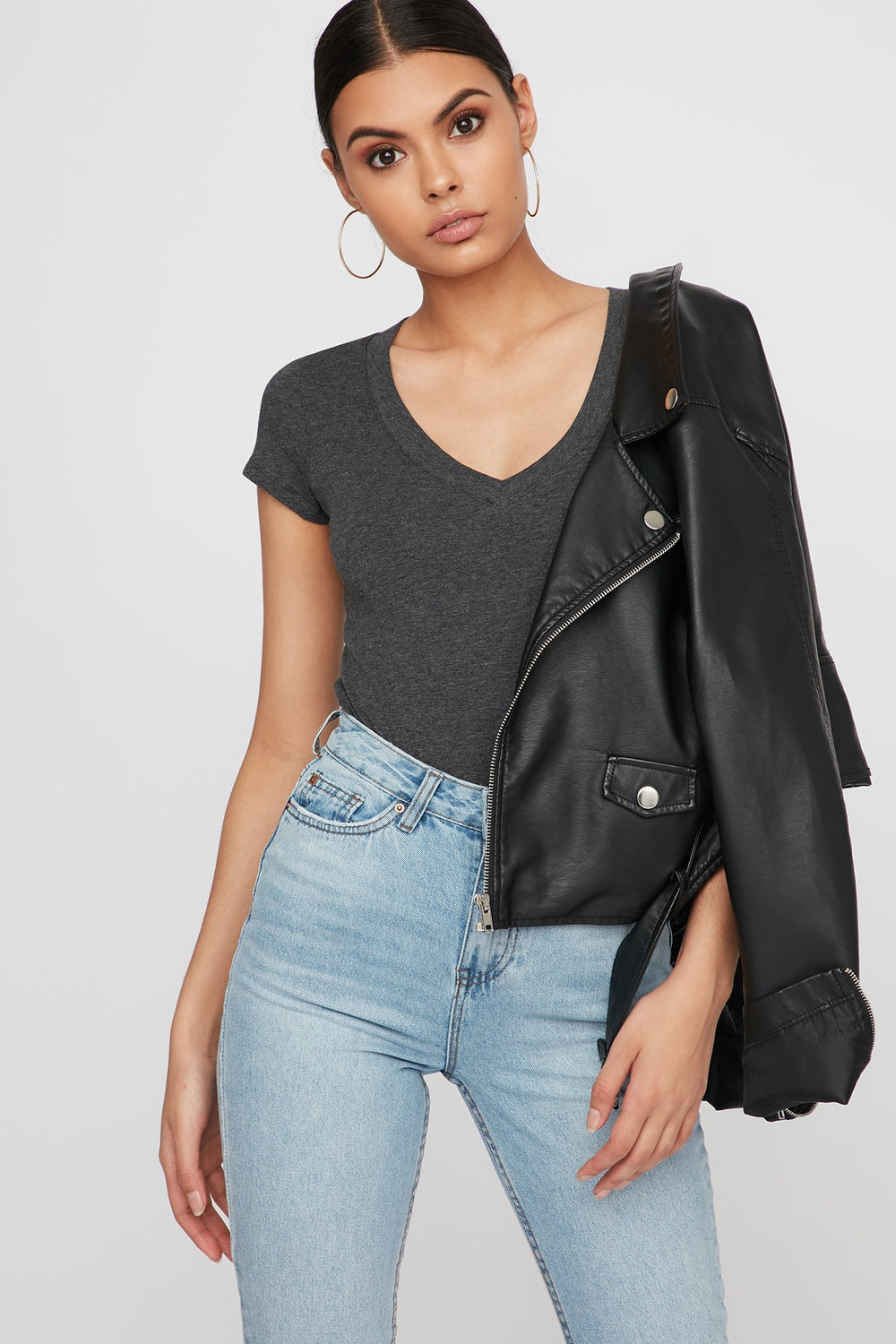 Women T-shirt de base à encolure en V Gris Noir