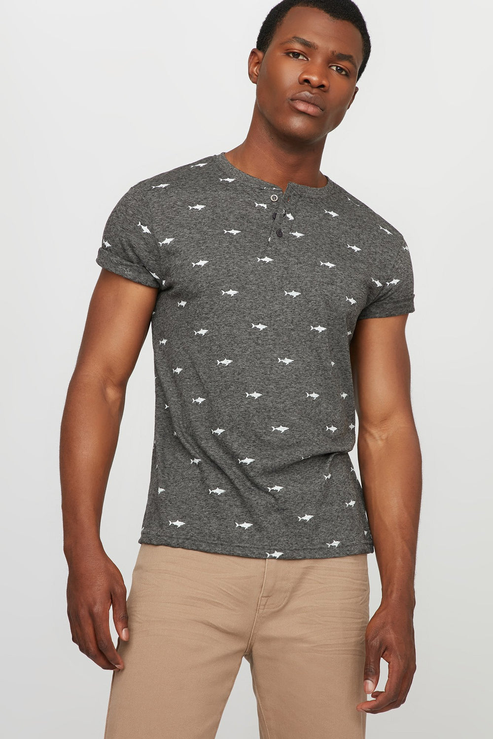 Men T-shirt henley à petits motifs Gris Noir