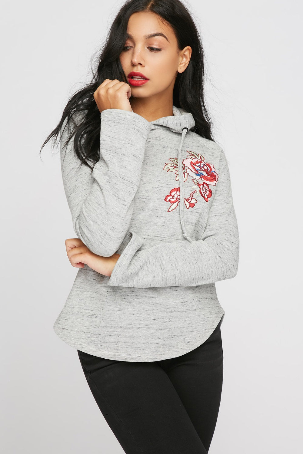 Women Haut à capuchon à enfiler avec broderies florales et ourlet arrondi Gris