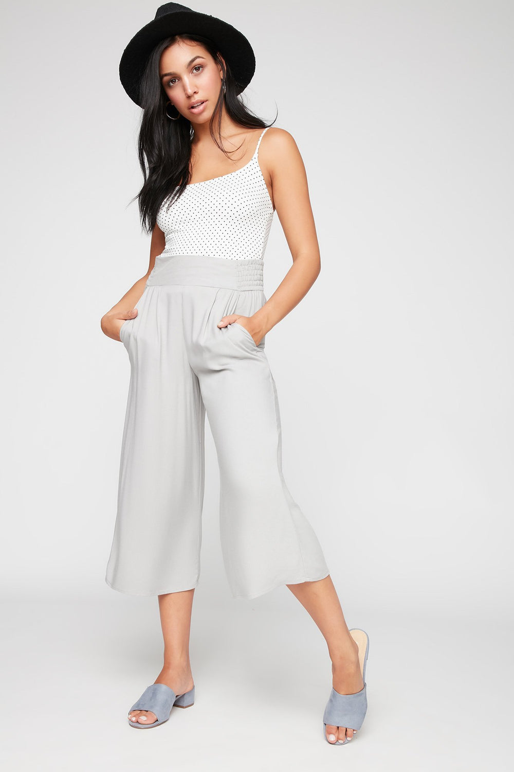 Women Jupe-culotte smockée à enfiler à taille haute Gris