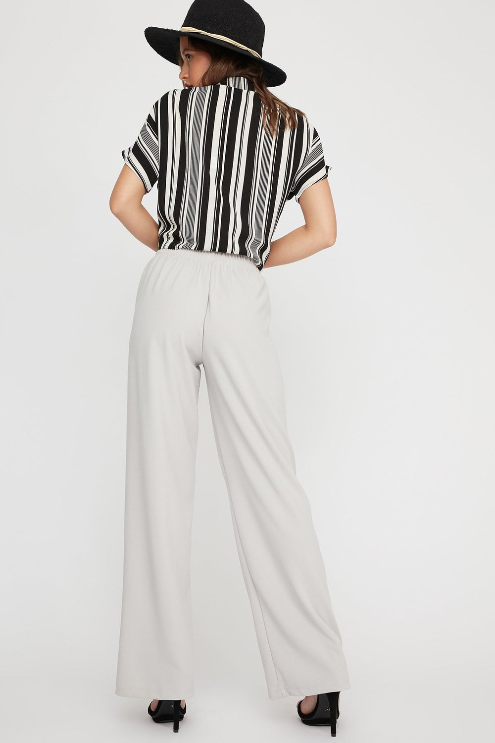 Women Pantalon à enfiler à taille haute et jambe large Gris