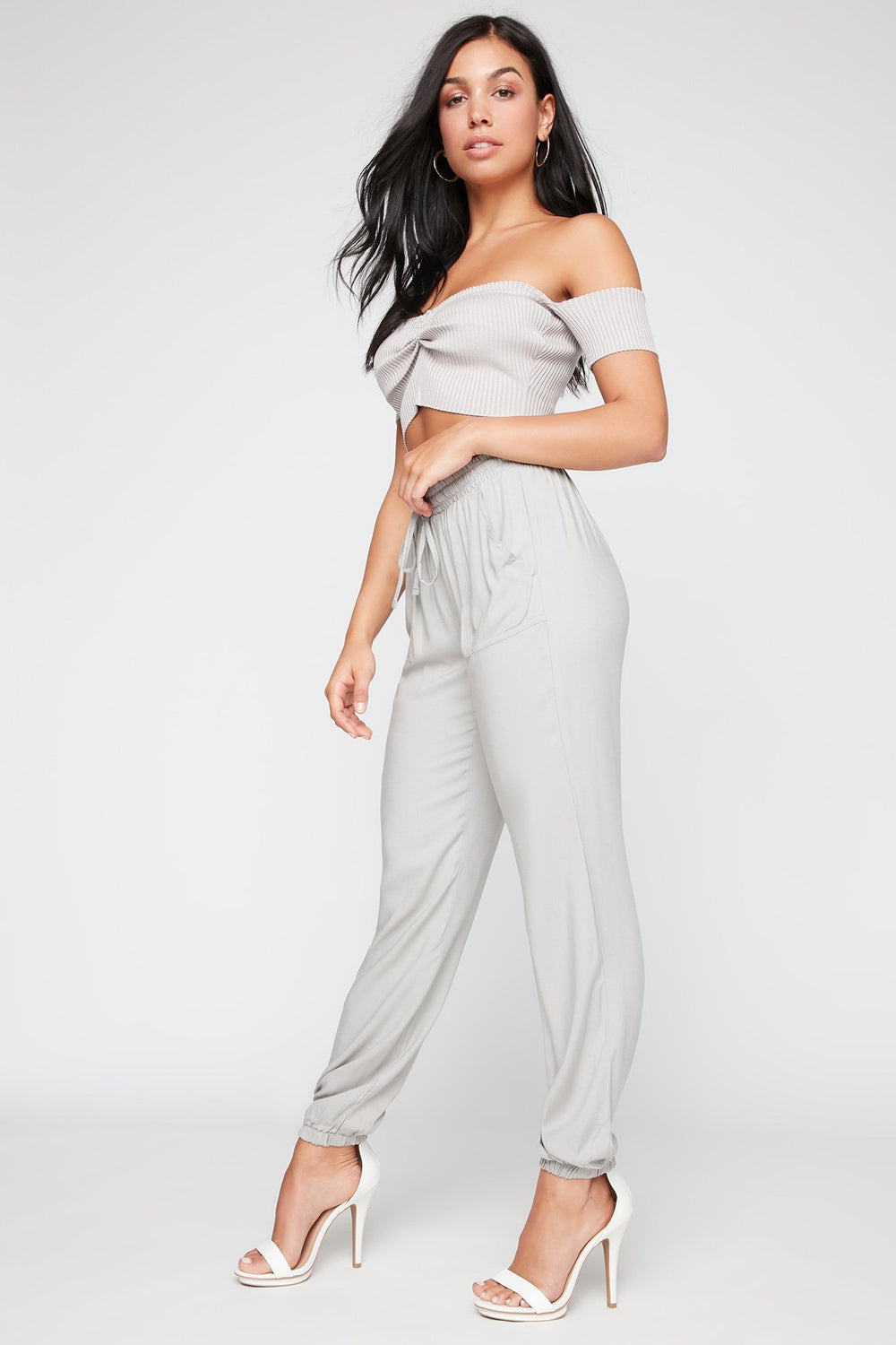 Women Pantalon à taille haute avec taille coulissante Gris