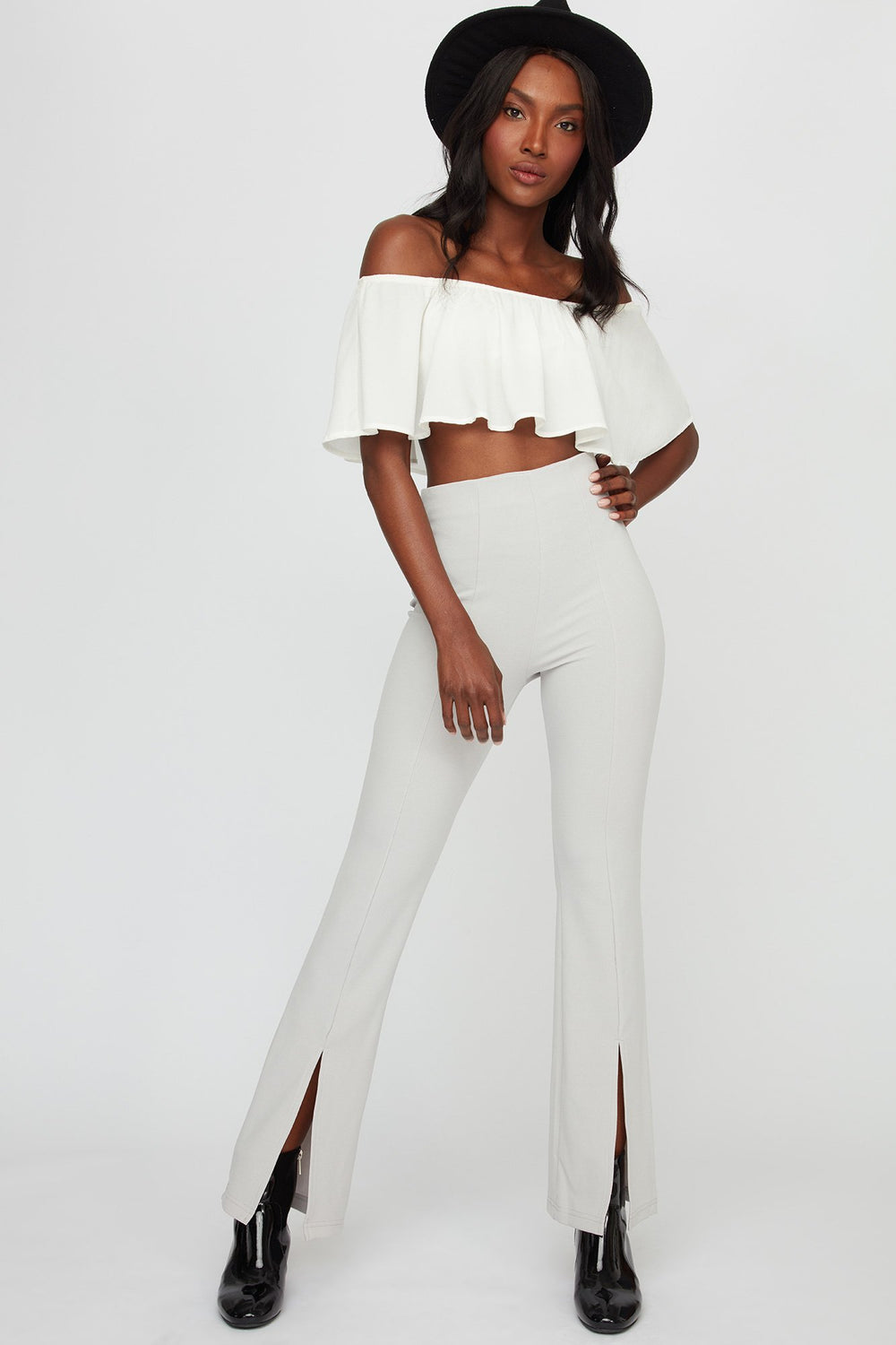 Women Pantalon étroit à jambe évasée avec taille haute et fente avant Gris