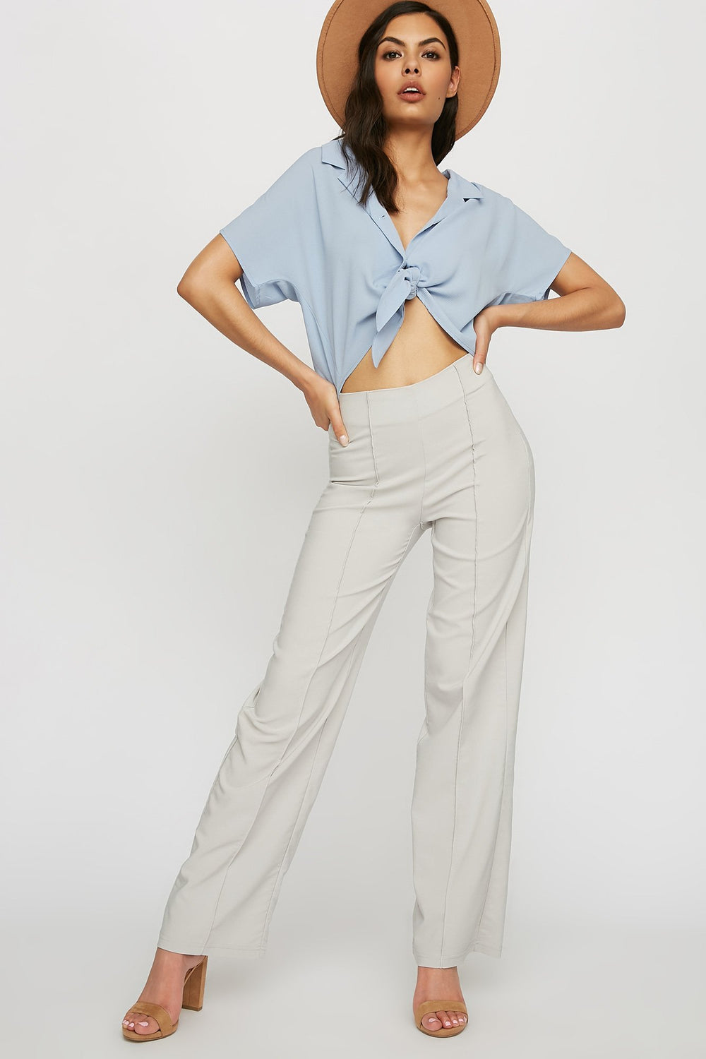 Women Pantalon nervuré à jambe large et taille haute Gris