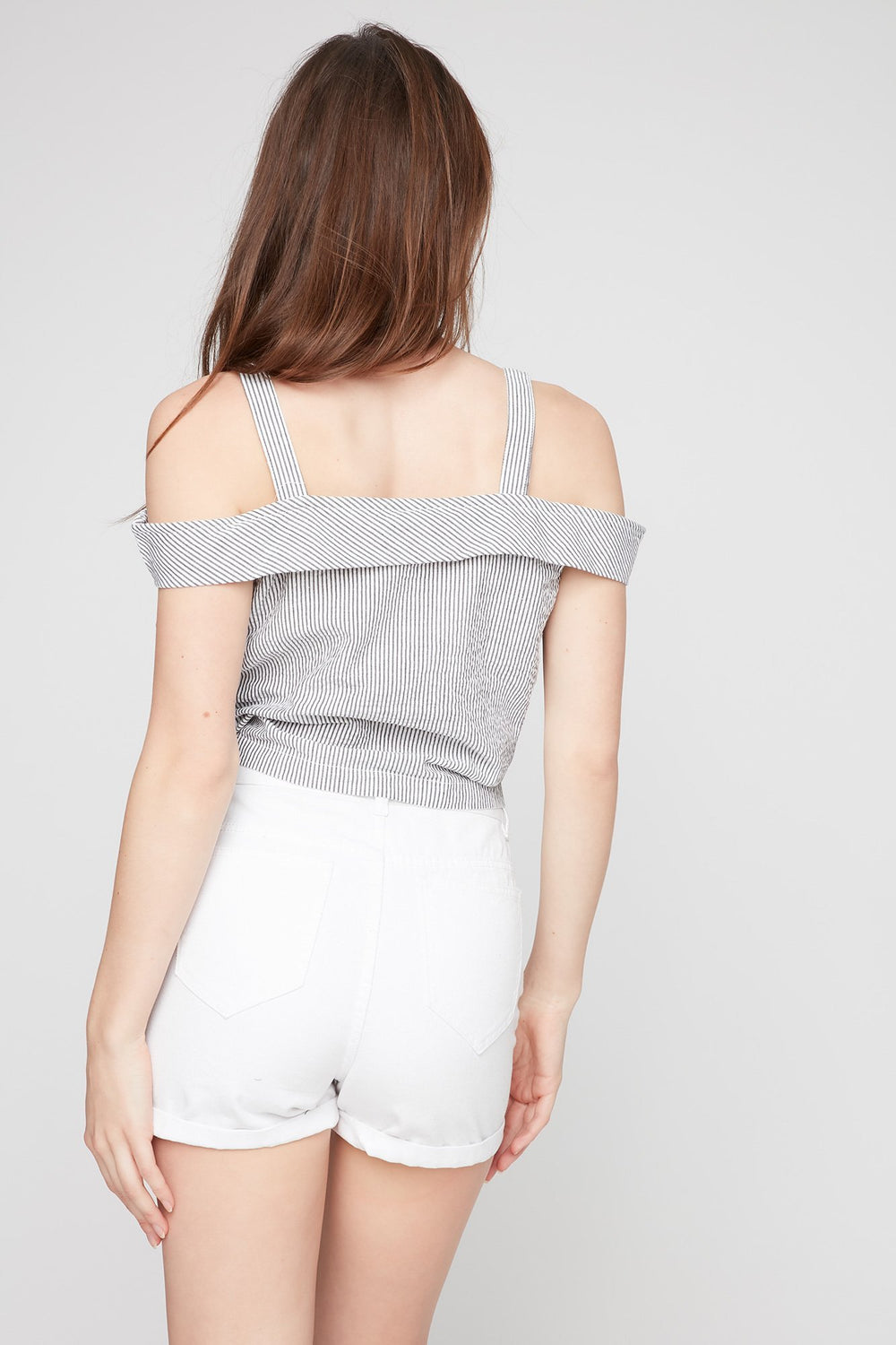 Women Blouse boutonnée nouée devant à épaules dénudées Gris