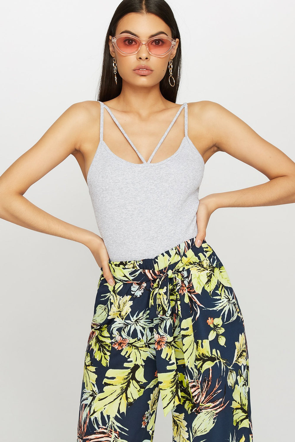 Women Camisole côtelée à motif de cage Gris