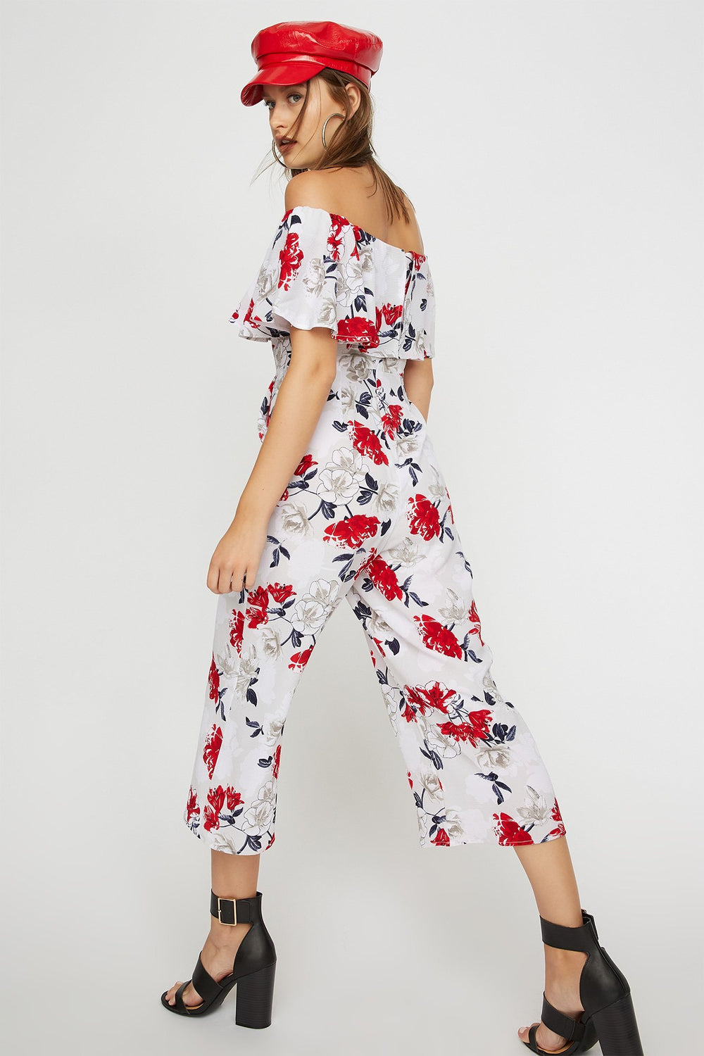 Women Combinaison-culotte volantée fleurie à épaules dénudées Gris