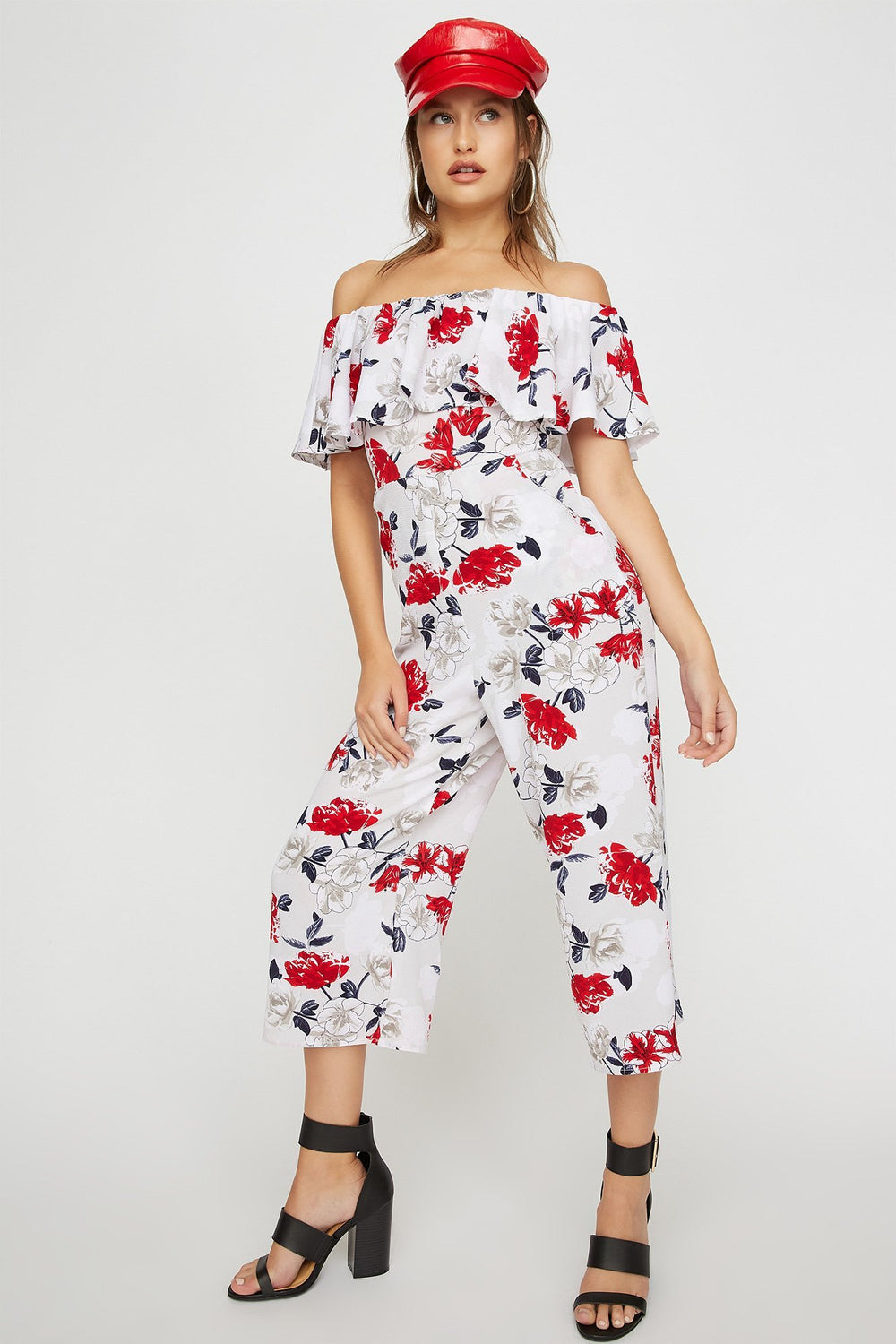 Women Combinaison-culotte volantée fleurie à épaules dénudées Gris