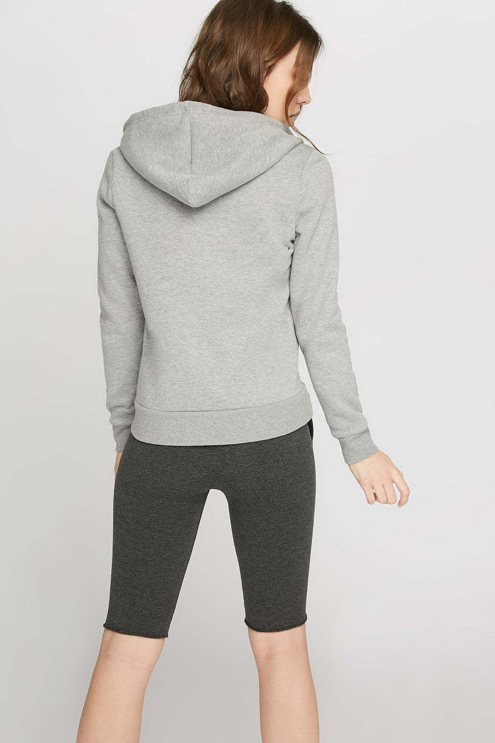 Women Haut de base à capuchon avec taille coulissante et fermeture à glissière Gris