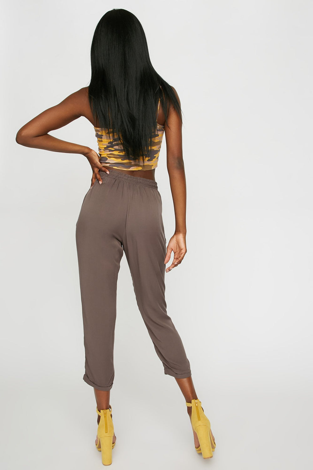 Women Pantalon de jogging léger à revers roulés et taille coulissante Gris