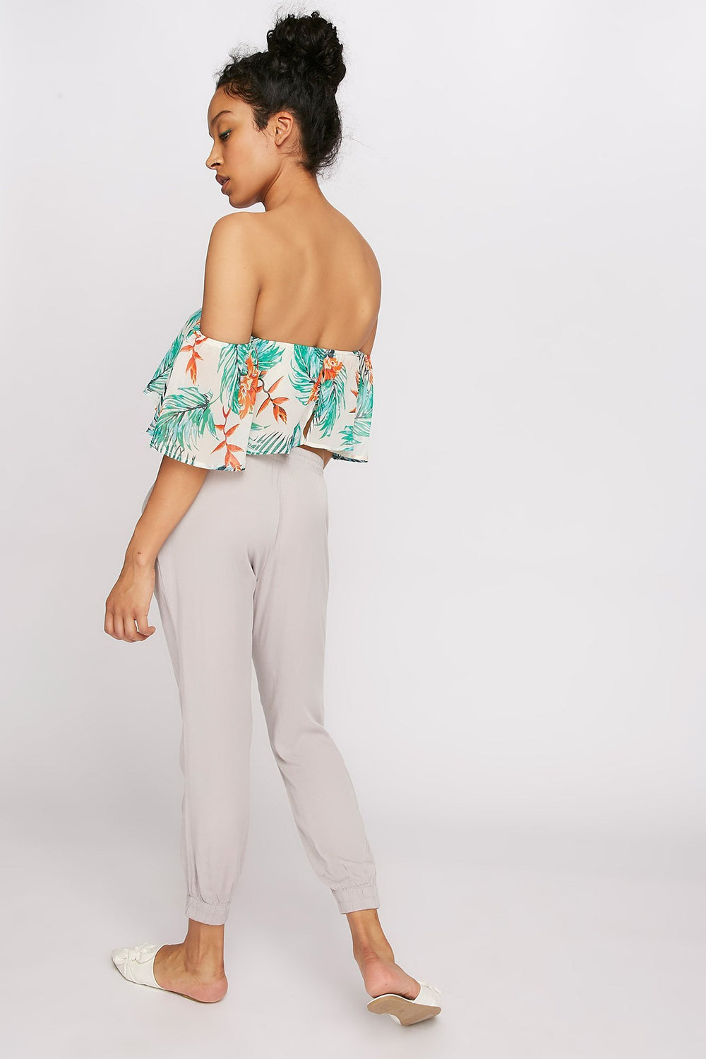 Women Pantalon léger à revers roulés et taille coulissante Gris