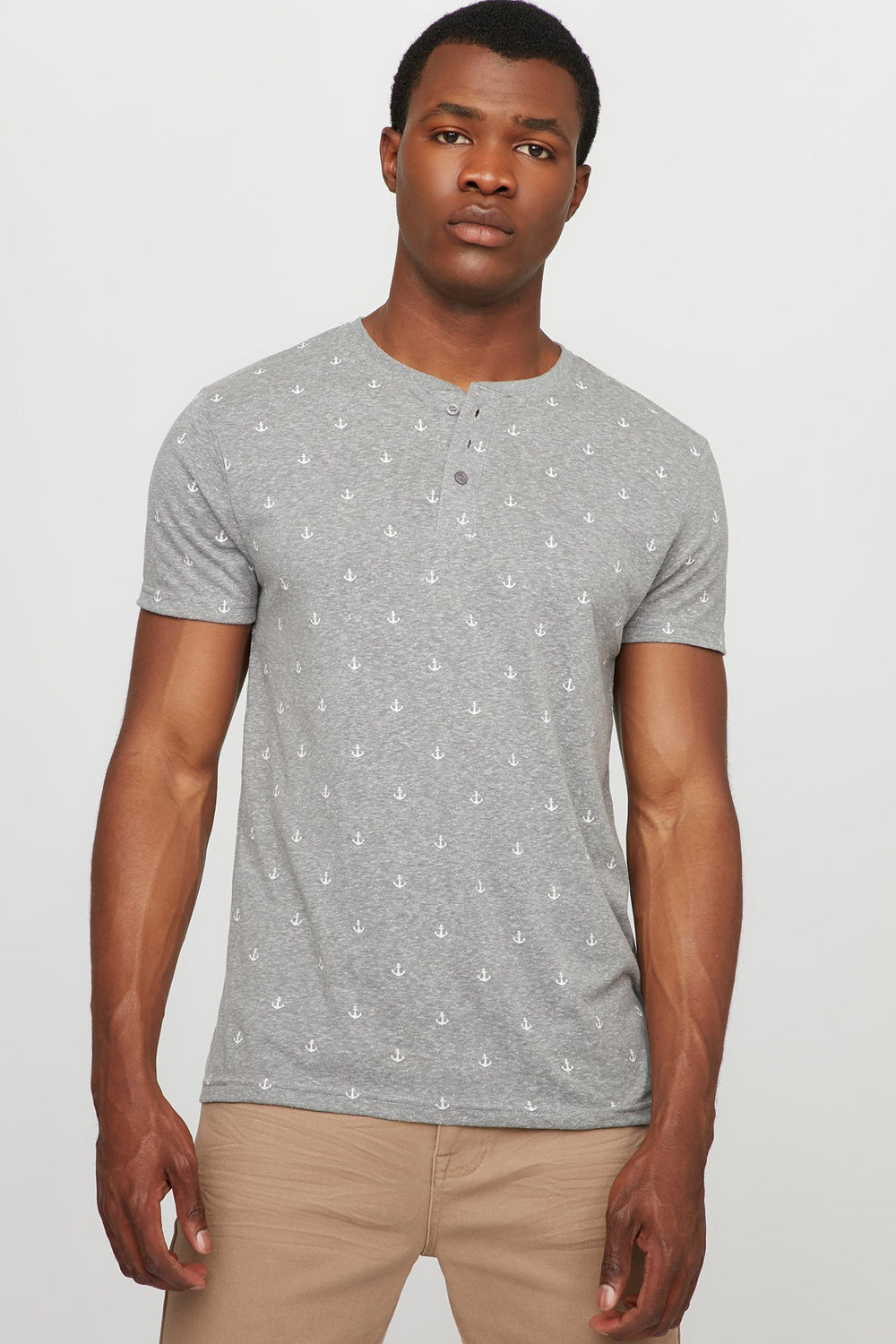 Men T-shirt henley à petits motifs Gris