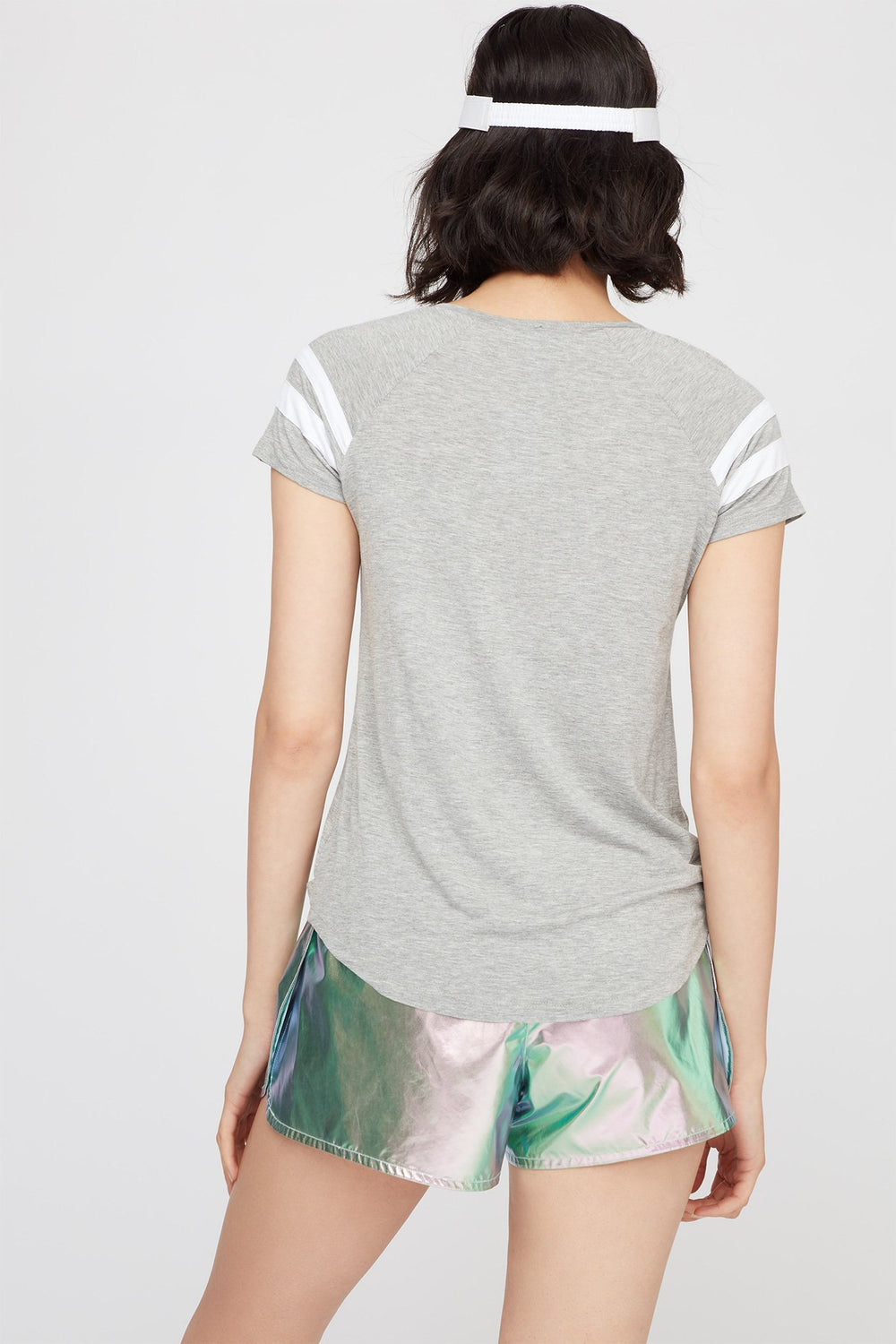 Women T-shirt rayé de style universitaire à encolure en V Gris