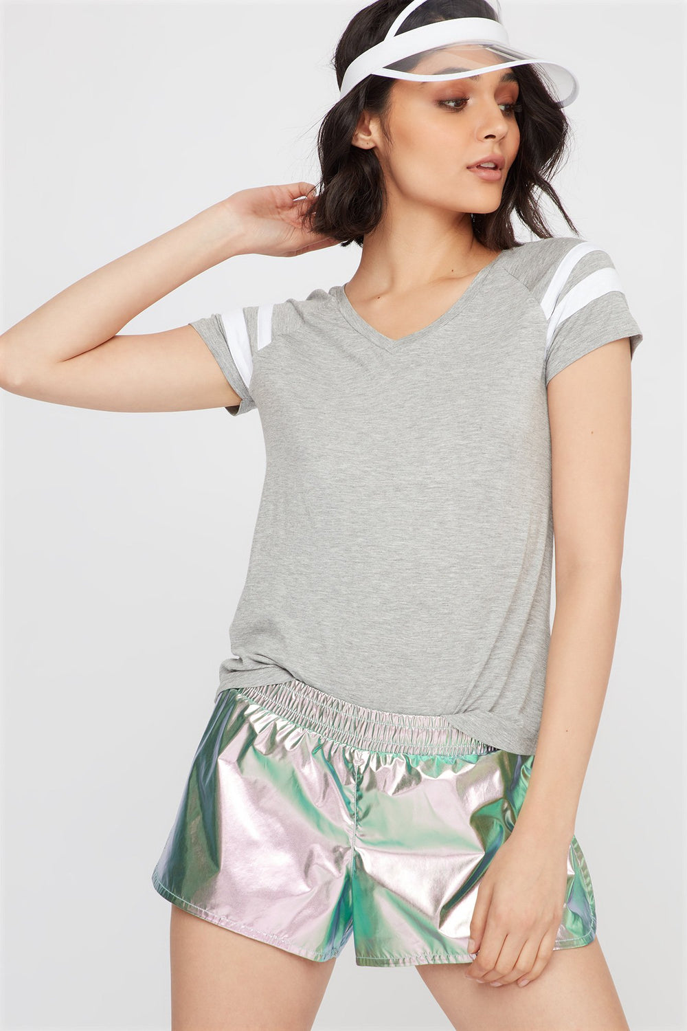 Women T-shirt rayé de style universitaire à encolure en V Gris