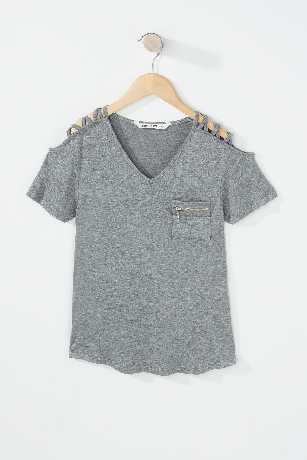 Kids T-shirt avec motif de cage et poche à encolure en V et fermeture à glissière pour fille Gris