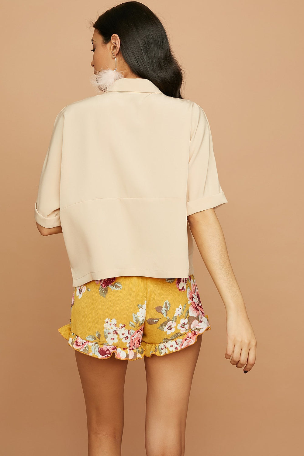 Women Blouse courte boutonnée tissée Havane