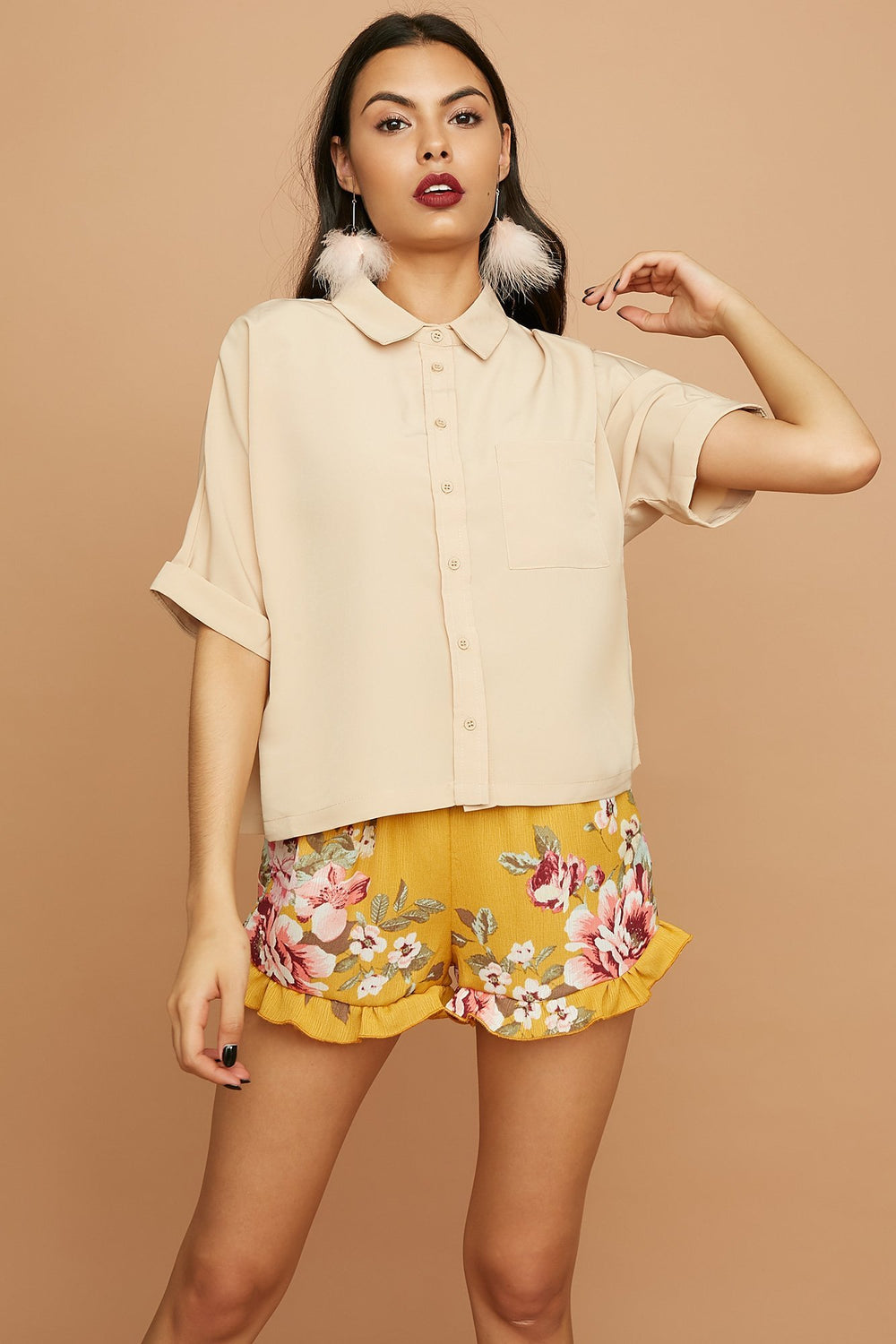 Women Blouse courte boutonnée tissée Havane