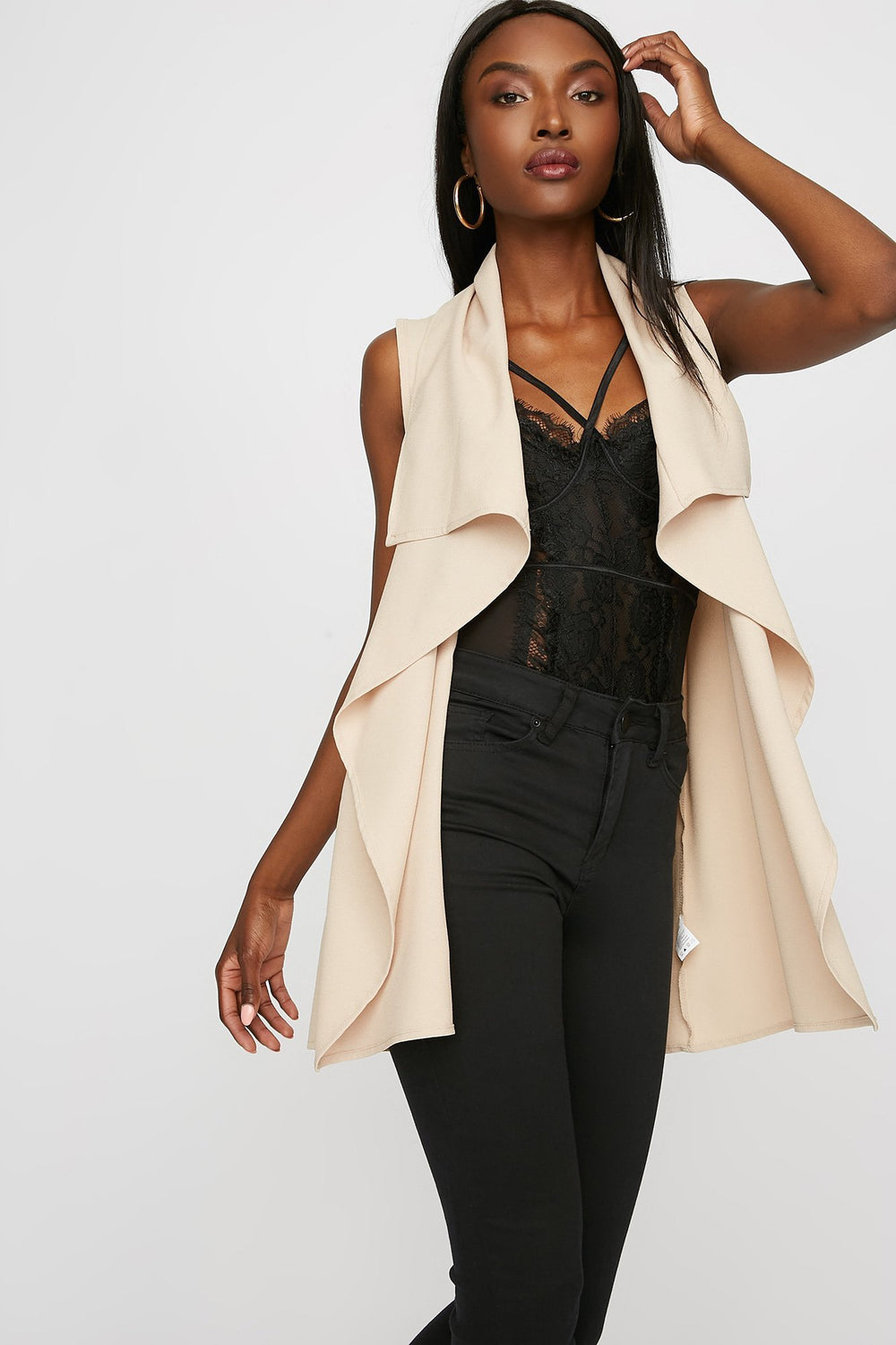 Women Veste long asymétrique ouvert avec ceinture Havane