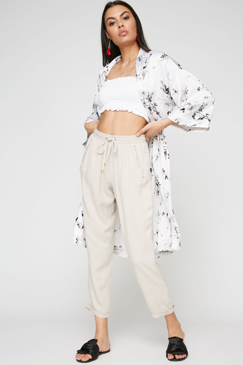 Women Pantalon de jogging à revers roulés avec taille coulissante Havane