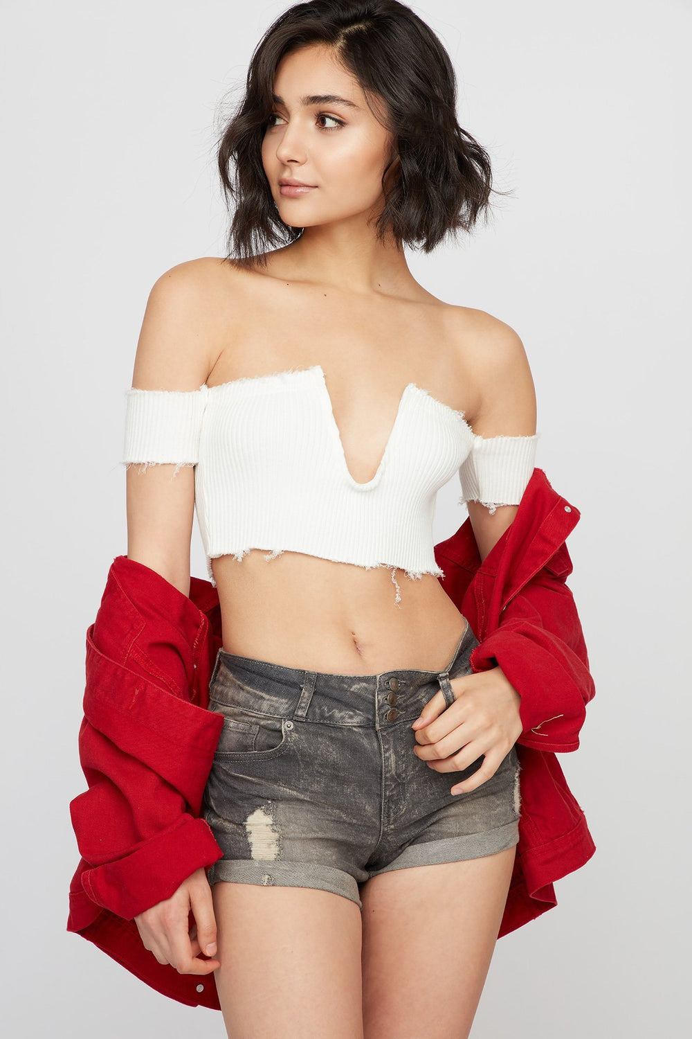 Women 3-Tier Distressed Roll-Up Denim Short Heather Grey