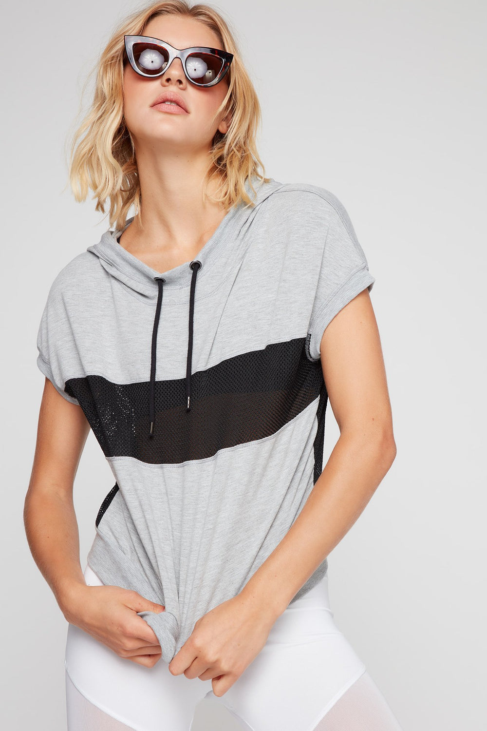 Women Colour Block Mesh Drawstring Hooded T-Shirt Heather Grey