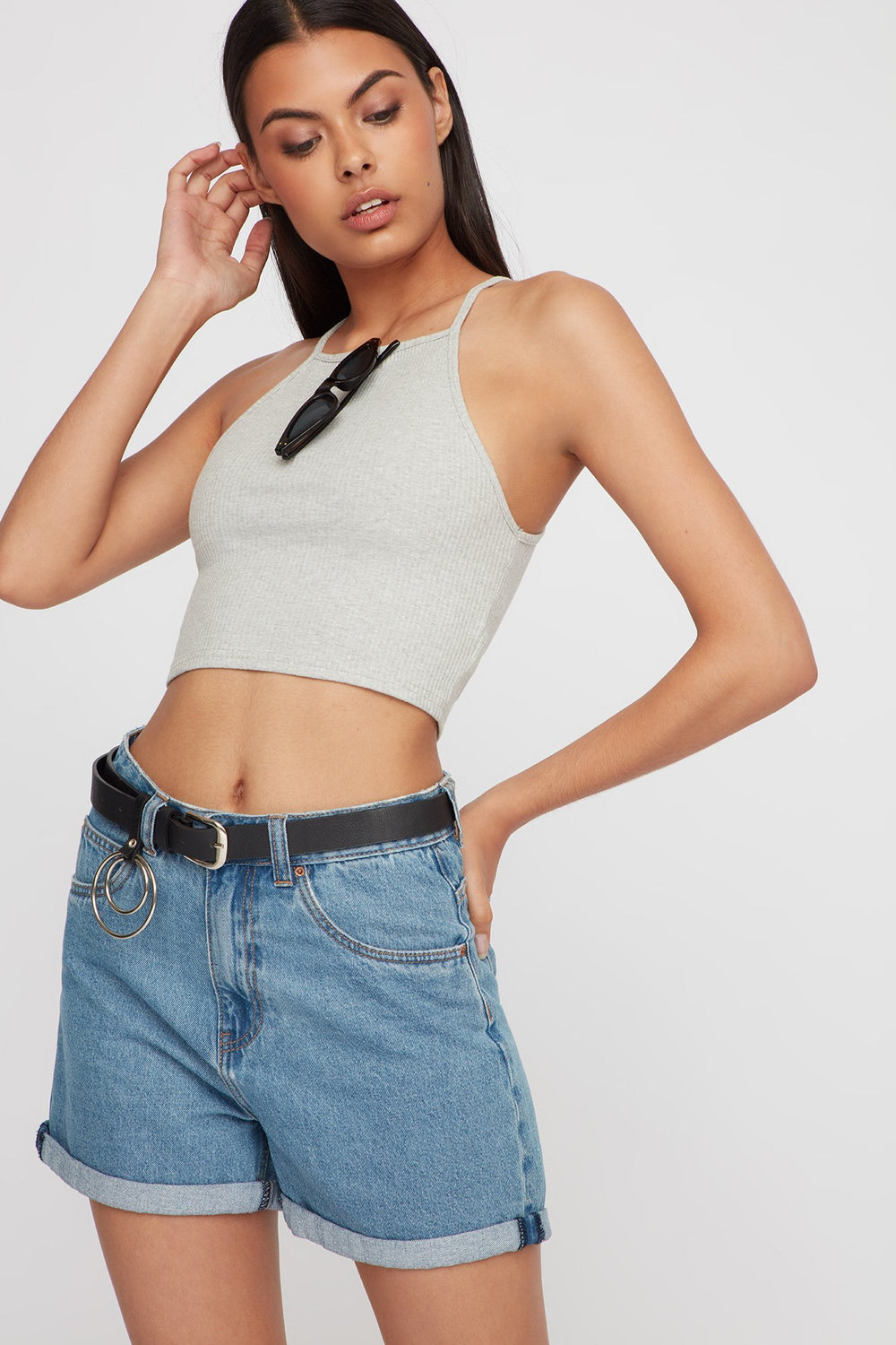 Women Cropped Ribbed Camisole Heather Grey