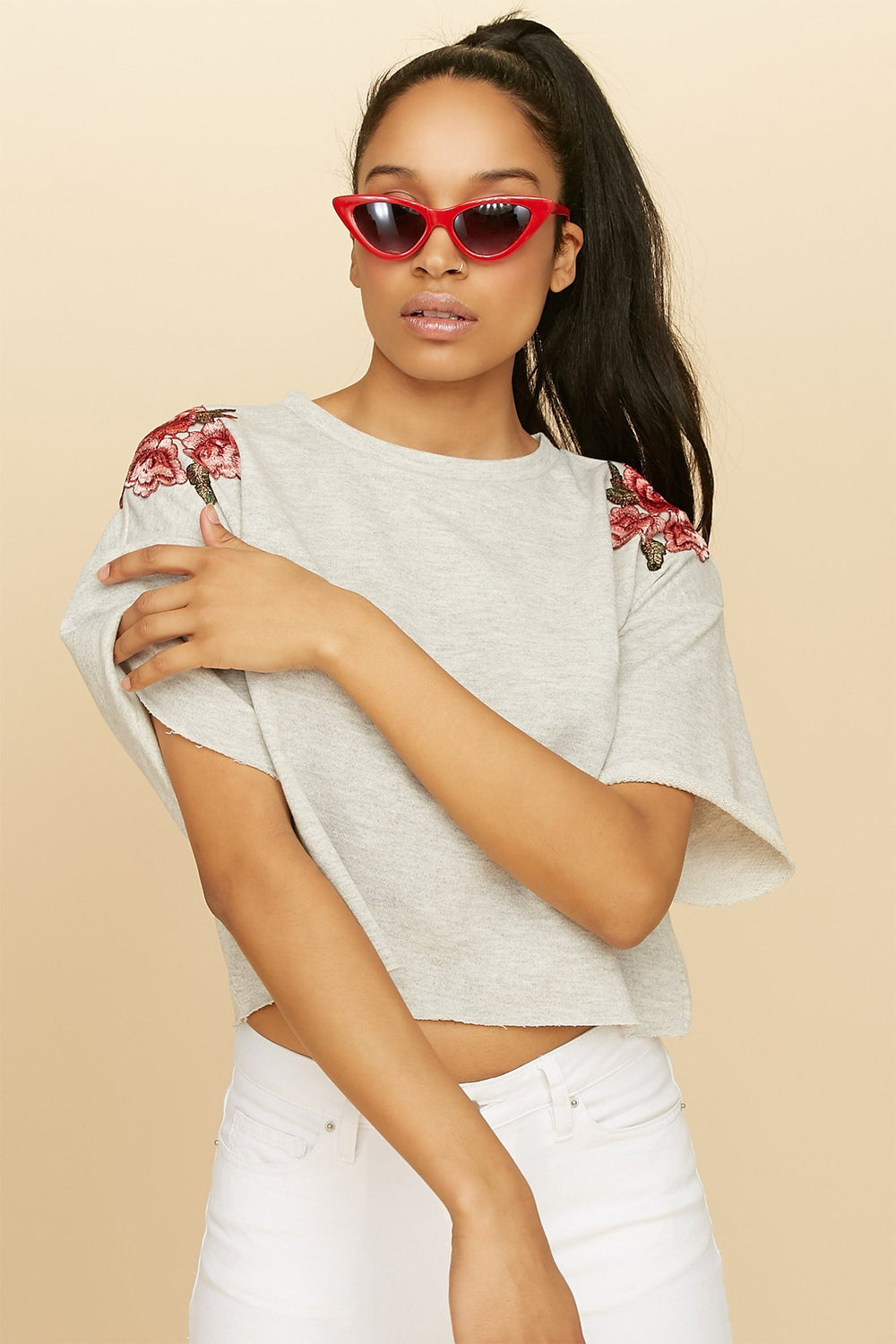 Women Floral Embroidered Cropped Popover Sweater Heather Grey
