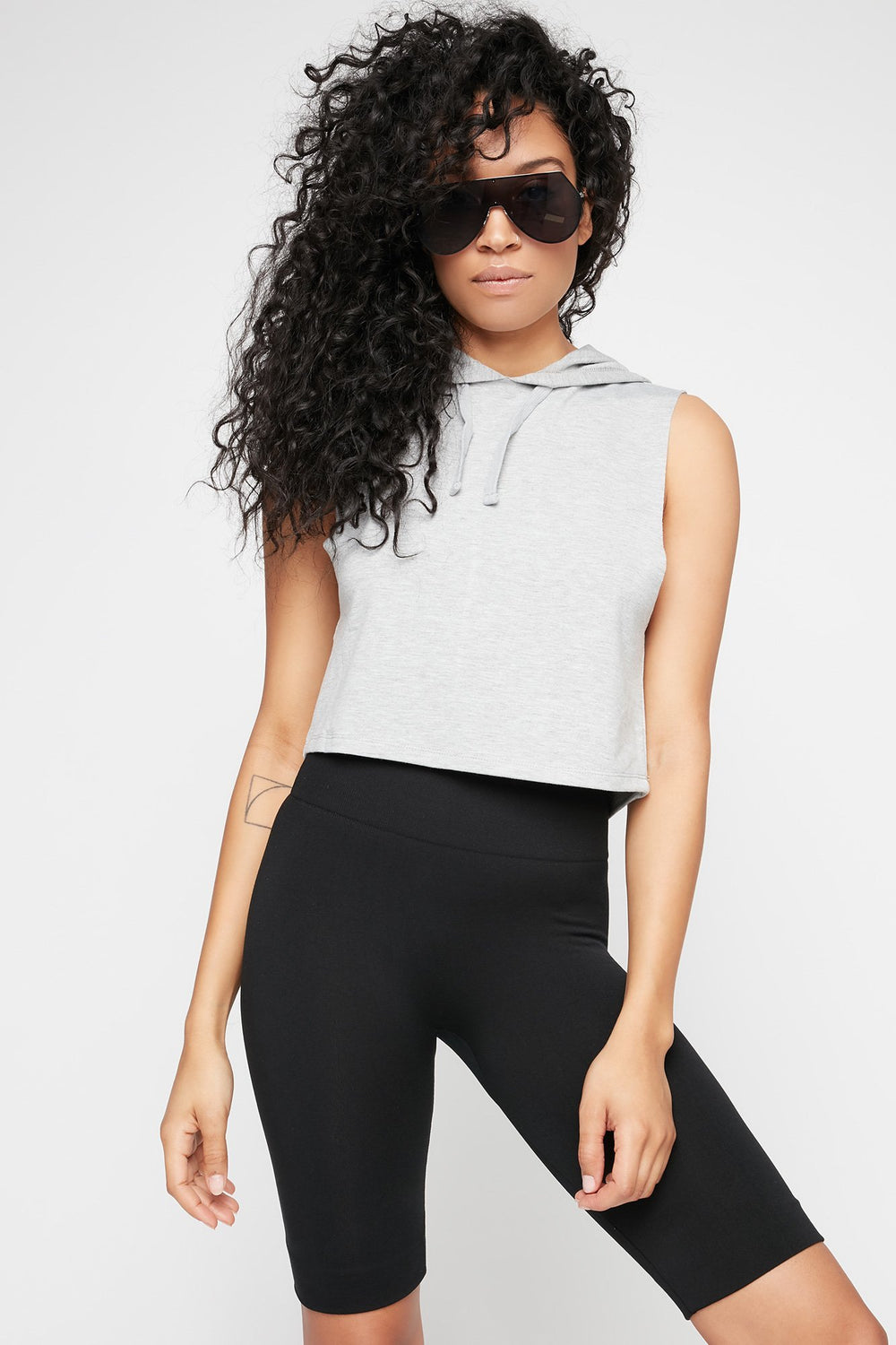 Women Hooded Drawstring Cropped Popover Tank Heather Grey
