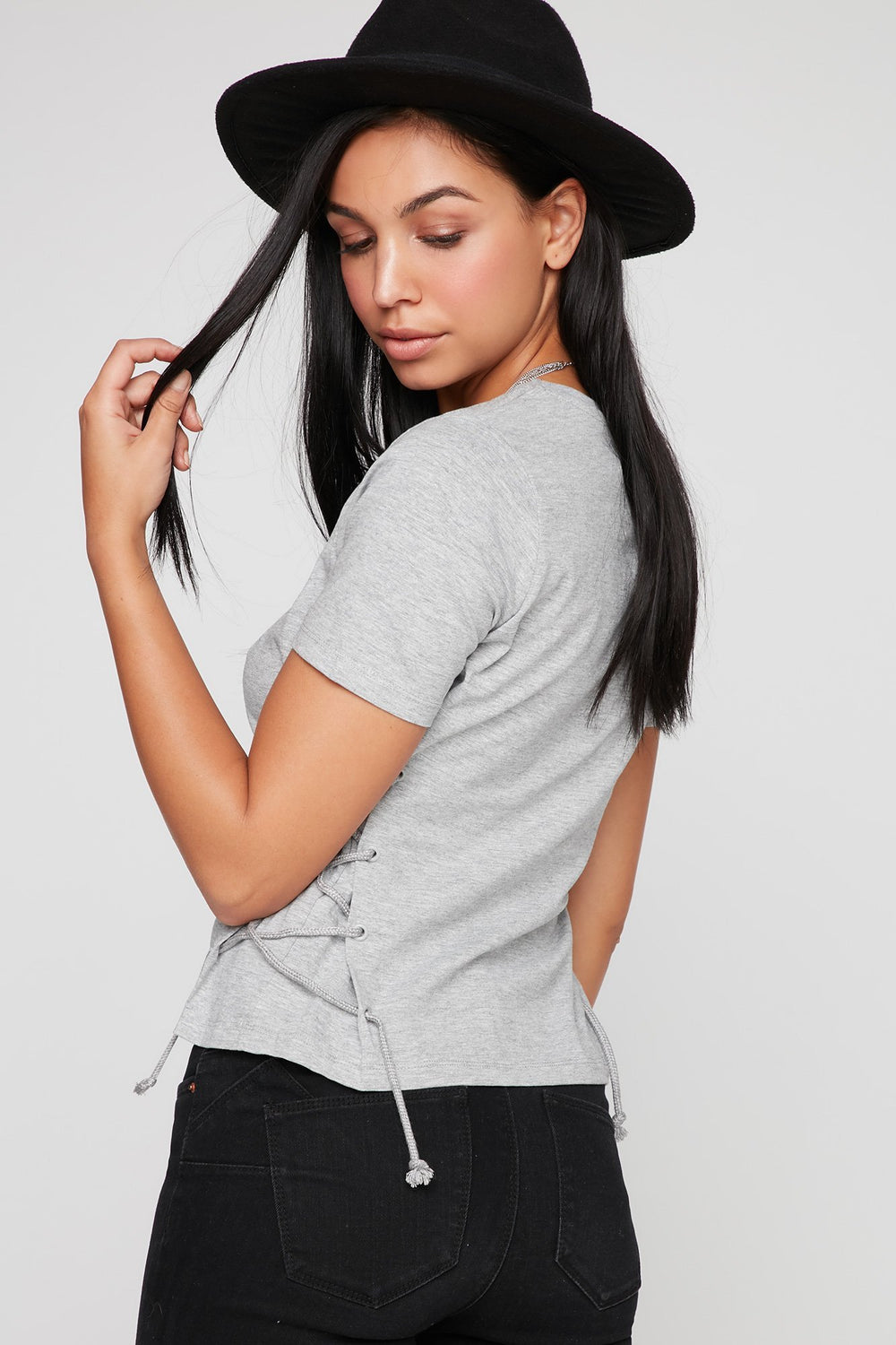 Women Lace-Up Side T-Shirt Heather Grey