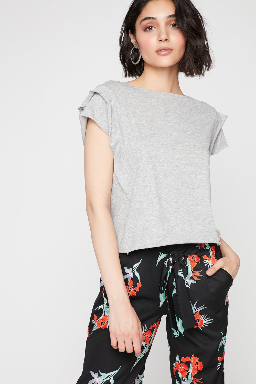 Women Layered Ruffle Sleeve Crewneck T-Shirt Heather Grey
