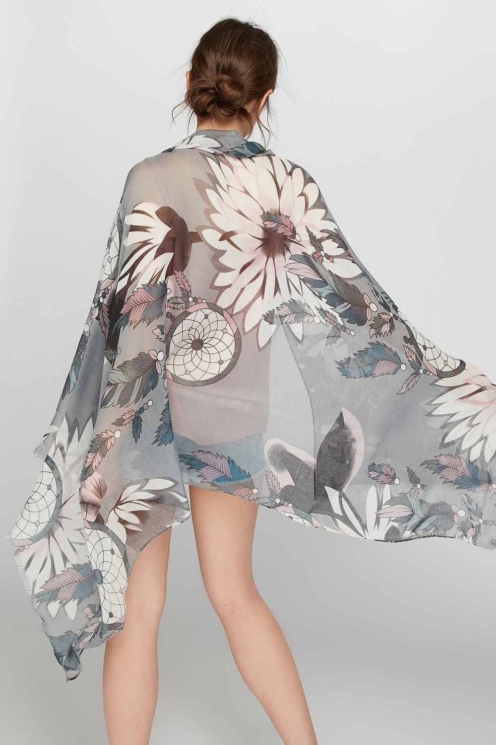 Women Lightweight Floral Sheer Scarf Heather Grey
