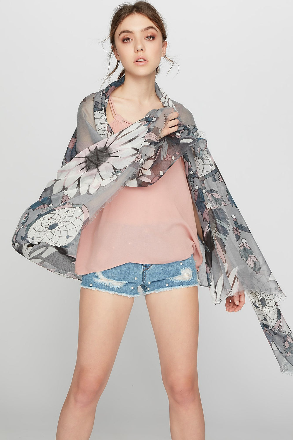 Women Lightweight Floral Sheer Scarf Heather Grey