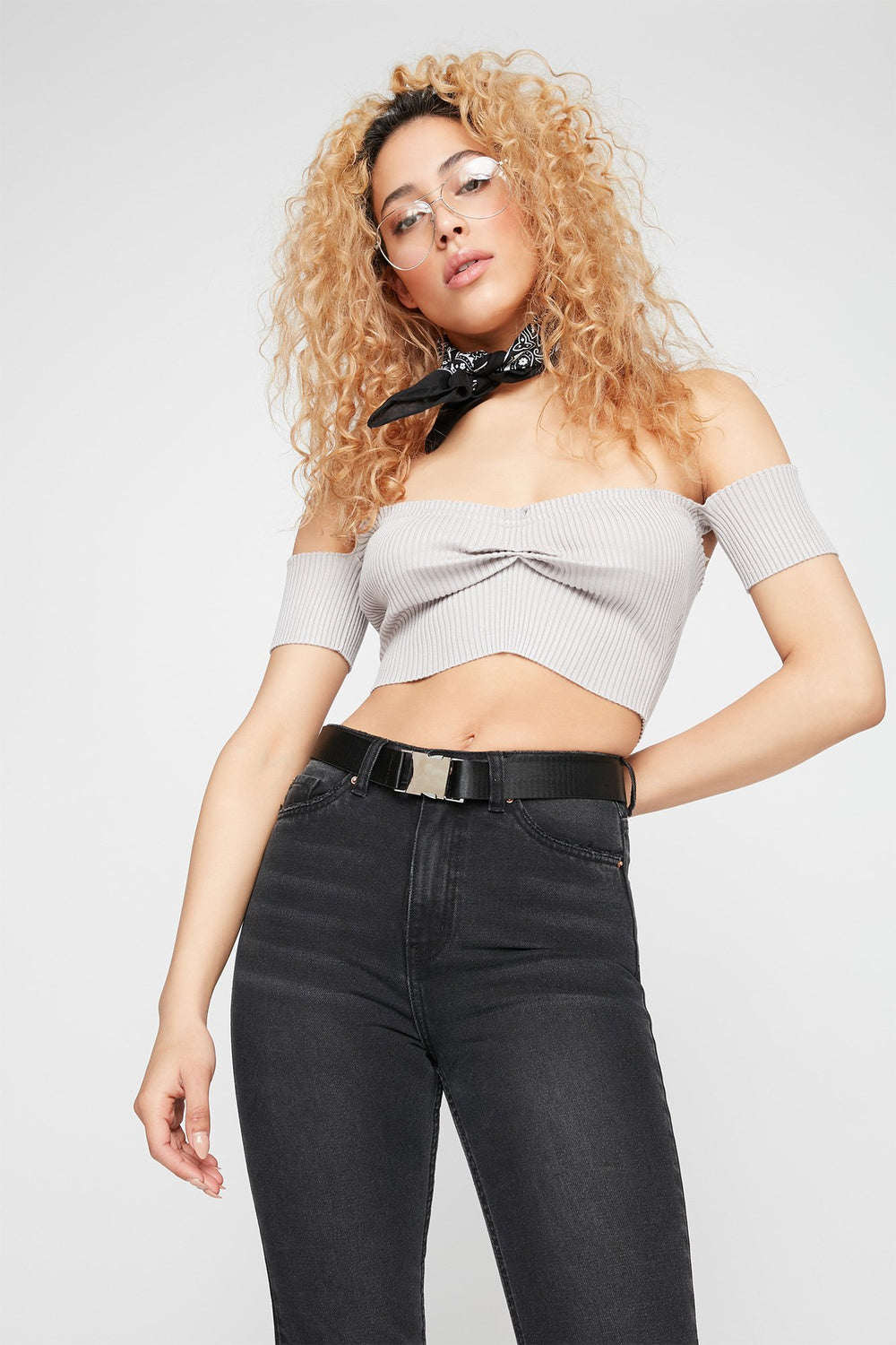 Women Off The Shoulder Ribbed Front-Knot Cropped T-Shirt Heather Grey