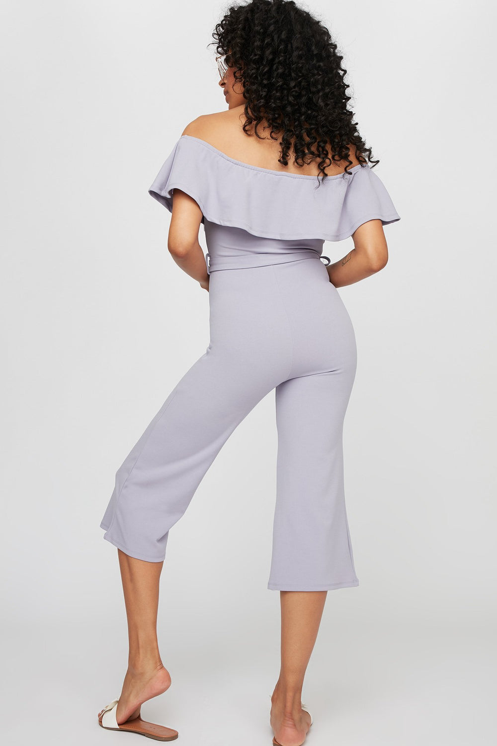 Women Off The Shoulder Ruffle Belted Culotte Jumpsuit Heather Grey
