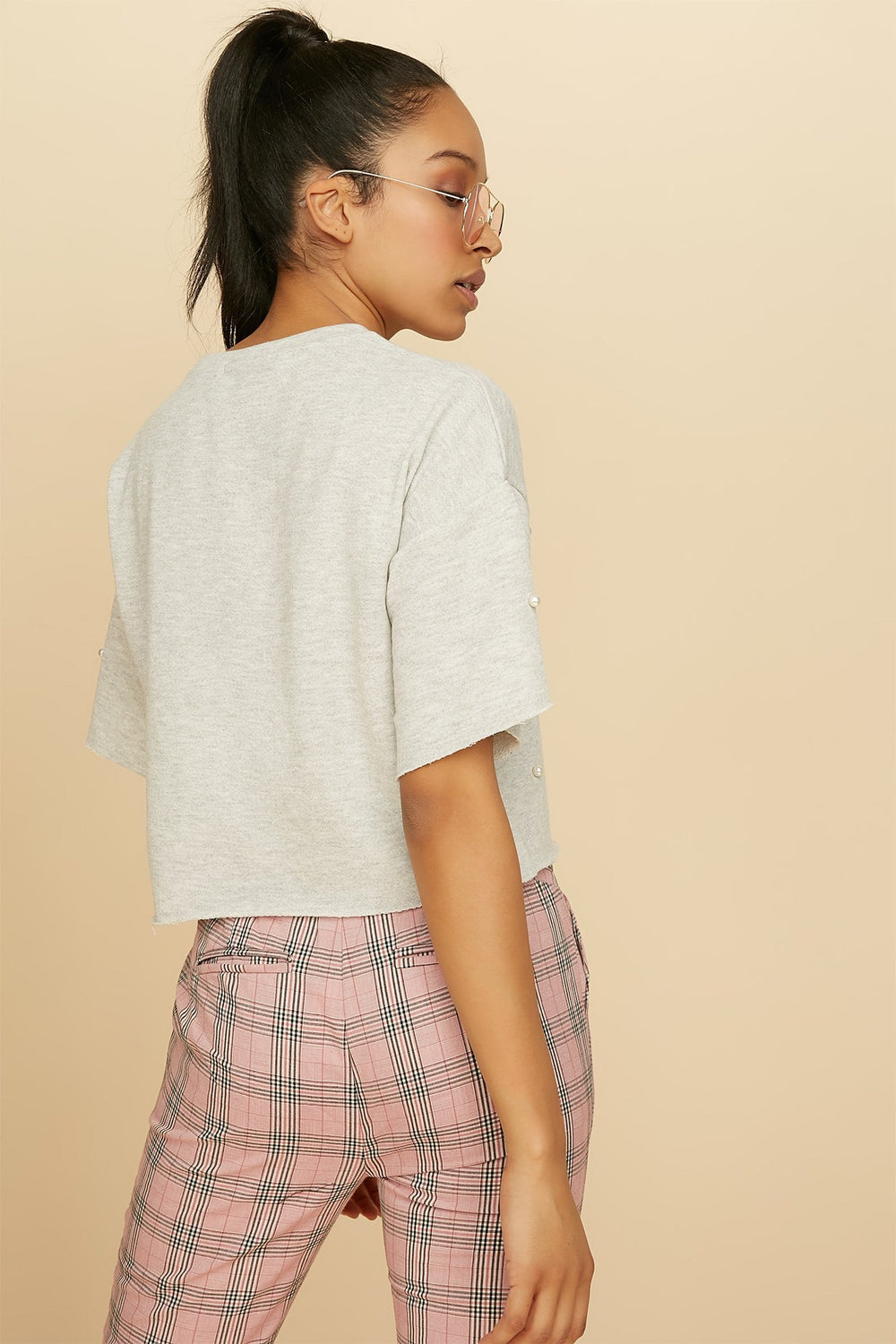 Women Pearl Cropped Popover Sweater Heather Grey