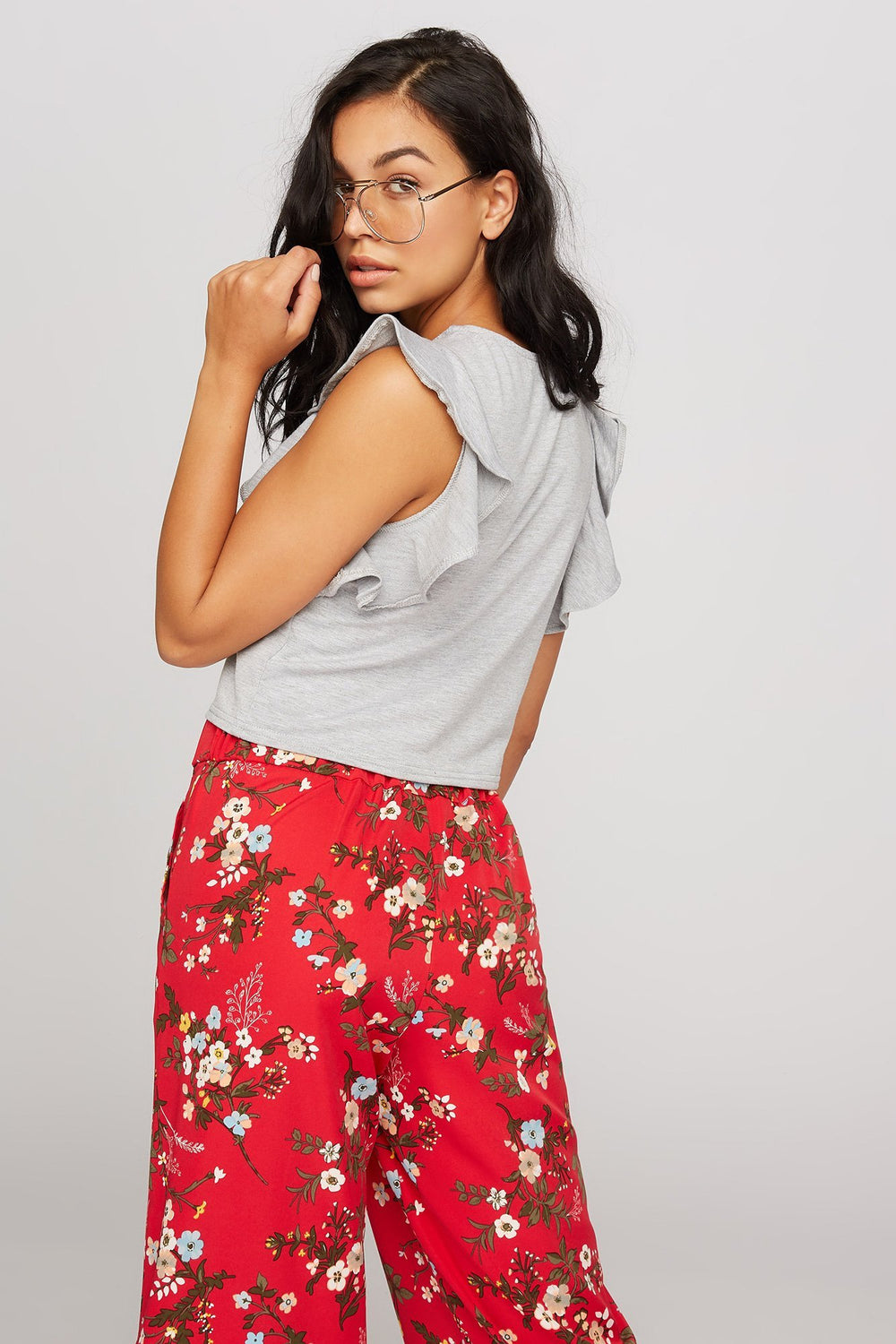 Women Ruffle Cropped Sweater Heather Grey