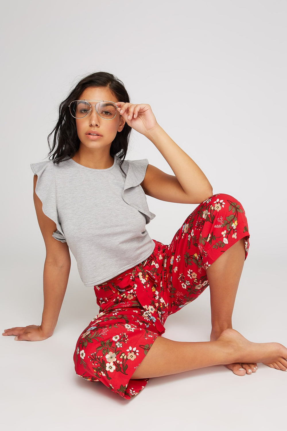 Women Ruffle Cropped Sweater Heather Grey