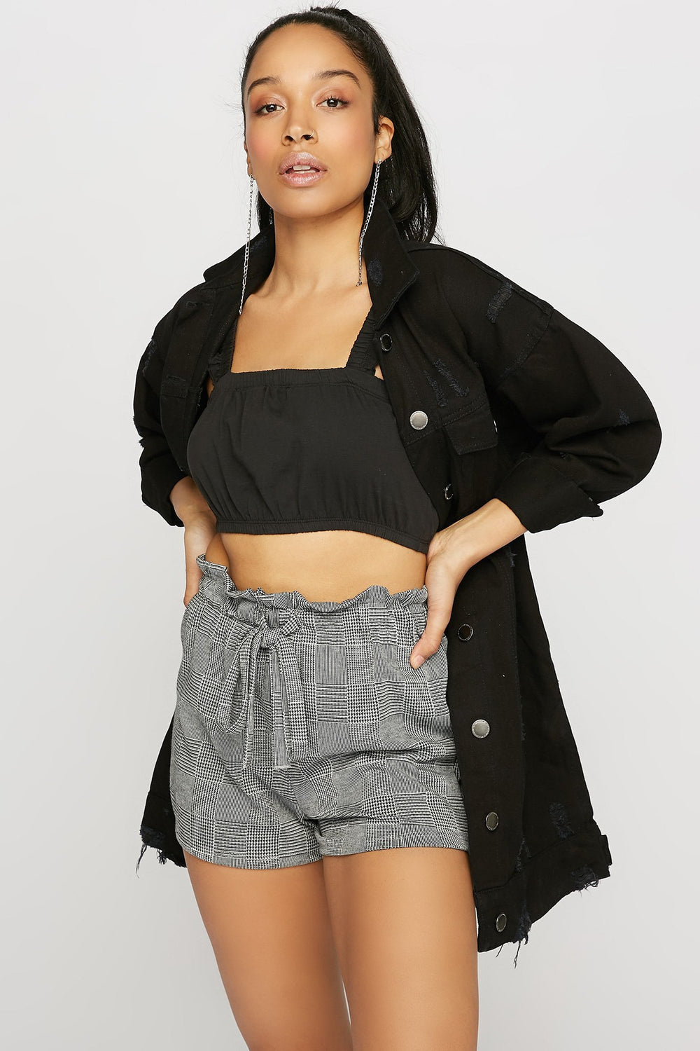 Women Ruffle Self-Tie Plaid Paperbag Short Heather Grey