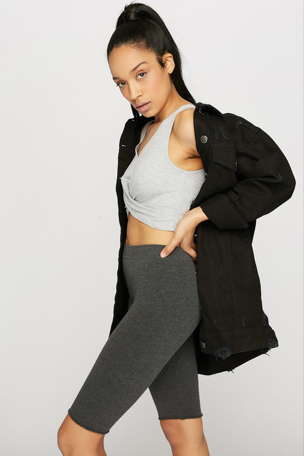 Women V-Neck Twist Front Cropped Tank Heather Grey