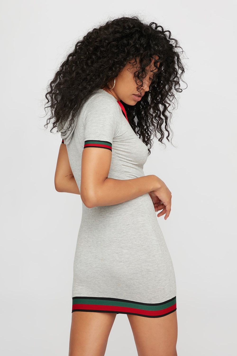 Women Varsity Stripe Drawstring Hooded T-Shirt Dress Heather Grey