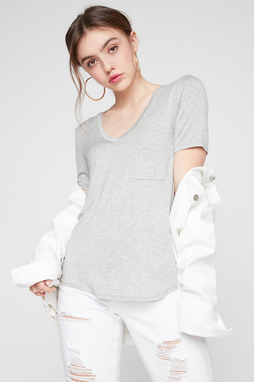 Women Basic V-Neck Pocket T-Shirt Heather Grey