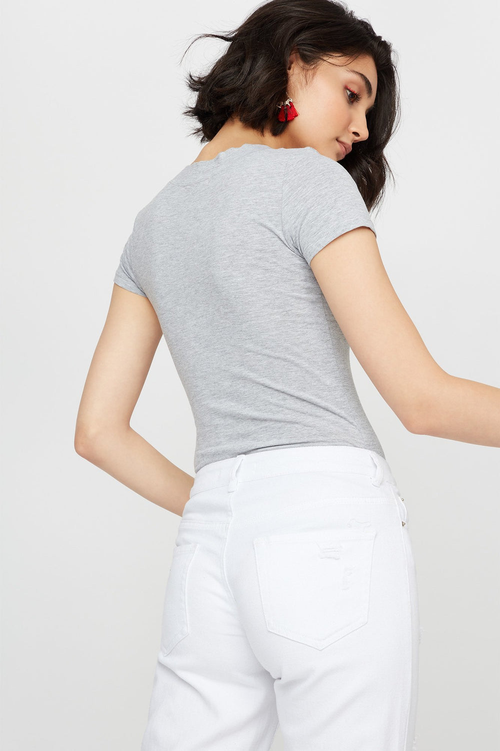 Women Basic V-Neck T-Shirt Heather Grey